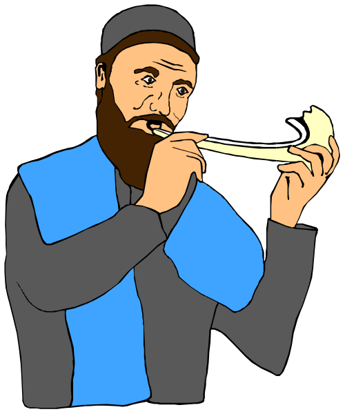 The cartoon depicts a man playing an instrument with his mouth while holding it up to his lips; he is wearing blue clothing over one shoulder and has facial hair on both sides of his face.