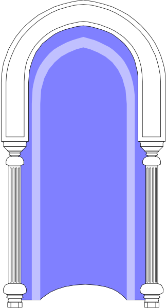 The image shows a stylized blue archway with an intricate design on either side of it against a grey background.