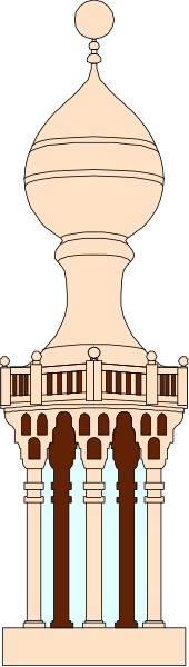 The image shows a stylized illustration of an architectural structure resembling a minaret with intricate details on its facade, set against a dark background that has horizontal stripes in shades of gray and black from left to right; there is no text or additional context provided within the frame.
