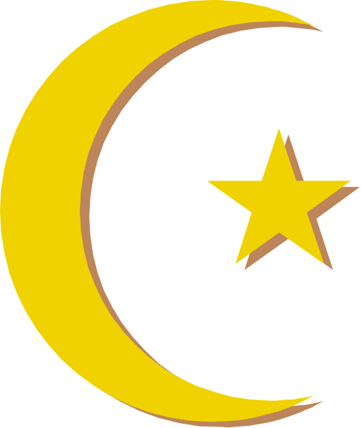 The image shows a stylized crescent moon with an orange star on top of it against a black background.