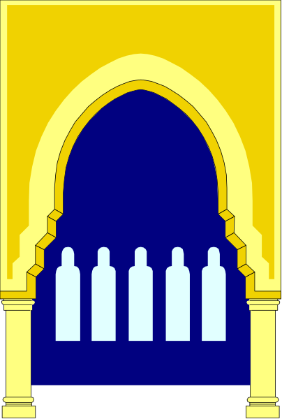 The image shows a stylized depiction of an archway with two candles on either side atop what appears to be a small altar within it; above this scene is another smaller archway that frames a blue background, and below both arches there's text in white font reading "WINE."