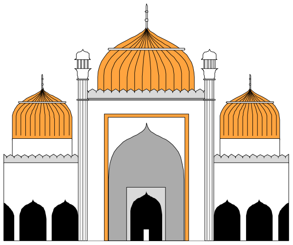 The image shows a black and white illustration of an Indian mosque with multiple domes against a dark background.