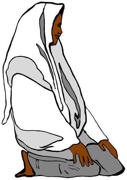 The black and white illustration shows a person sitting on their knees with hands together as if praying against a dark background.