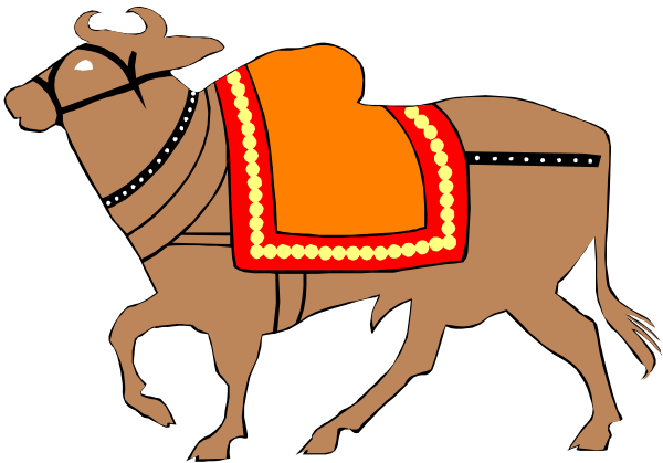 The image shows a cartoon of an Indian ox pulling a carriage with red decorations on it against a black background.