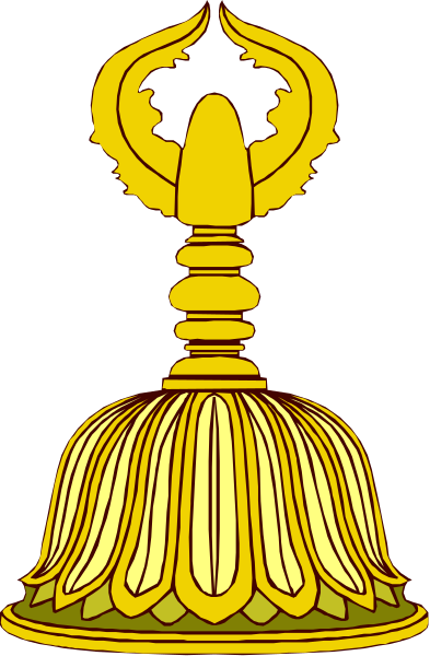 The image shows a golden bell with an intricate design atop it on what appears to be a black background.