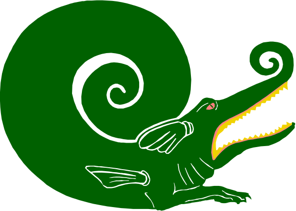 The image shows a cartoon alligator with an open mouth next to swirling patterns that resemble snakes; it is set against a gray background without any additional context provided in this description.