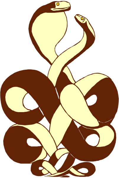 The image shows a cartoon of two snakes intertwined with each other against an abstract background that resembles swirling patterns in shades of brown and tan.