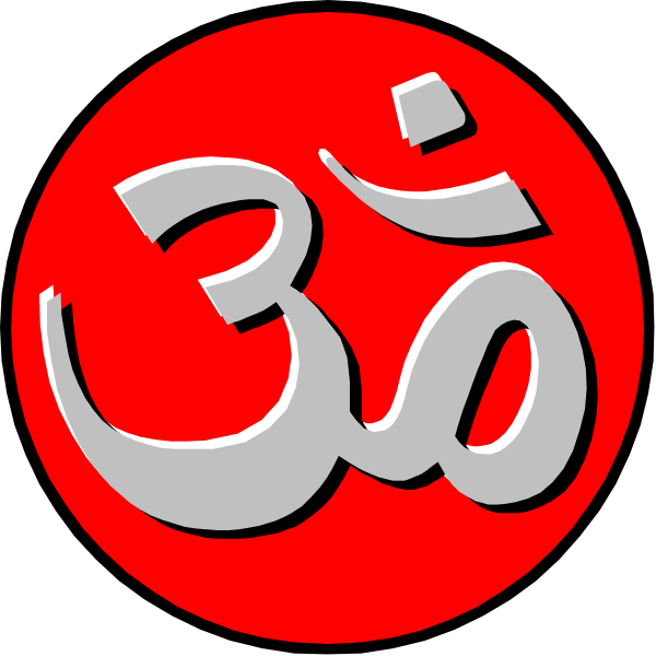 The image features a red circle with two white symbols inside: on top left is an om symbol (ॐ), which represents Hinduism's sacred sound; below it to its right is another script that appears to be in Devanagari, likely representing "Om" again or possibly the word for peace.