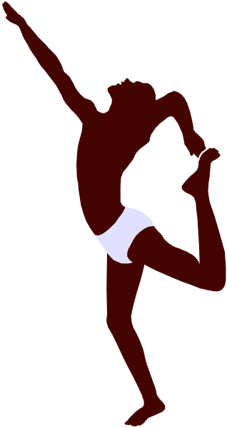 The image shows a silhouette of an acrobat performing on stage with their arms outstretched for balance while standing in front of a black background.