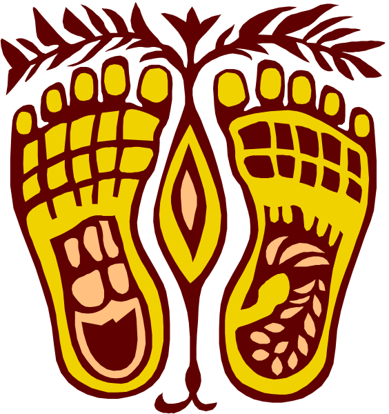 The image shows a pair of feet with toes pointing upwards inside two footprints on either side against an orange background; there is no text present in this clip-art illustration.
