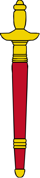 The image shows a sword with red handle on its left side against a gray background.