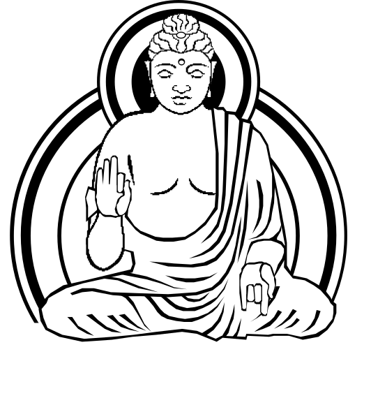 The image shows a black and white illustration of an iconic figure seated on lotus flowers with hands together in front of them, symbolizing peace and meditation.
