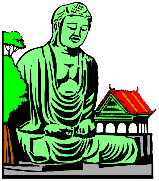 The image shows a black and white illustration of an iconic statue known as "The Buddha" seated on top of what appears to be a small temple-like structure with trees in front of it; there is also another smaller figure, possibly representing someone meditating or praying at the base.