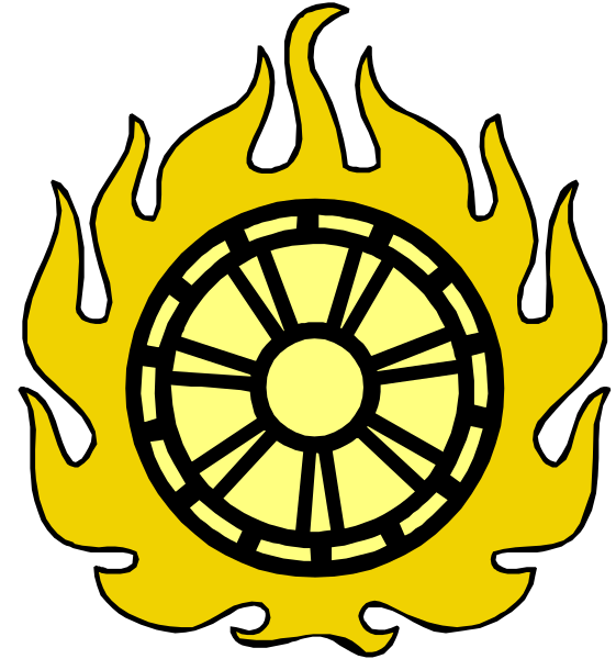 The image shows a stylized graphic of an emblem with flames surrounding it on both sides; at its center is what appears to be a wheel within which there's another circular design that resembles a sun, and above this central motif floats a compass rose or star-like symbol.