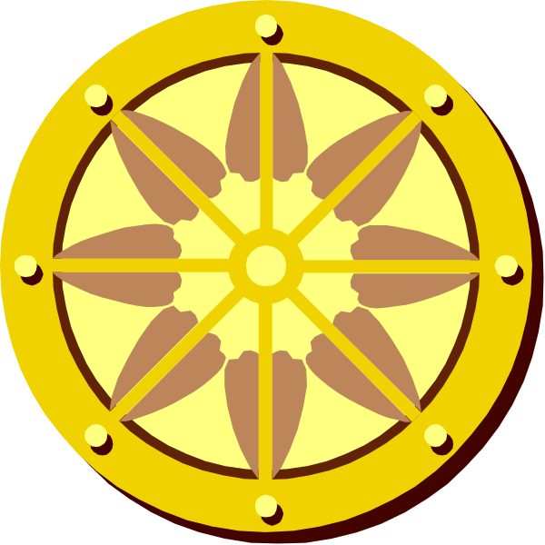 The image shows a stylized depiction of two compass roses with gold centers on black backgrounds; each rose has eight points radiating from its center to form an octagonal shape around a central circle, and there is no text present in this clip-art illustration.