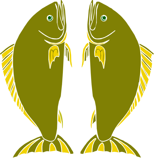 The image shows two cartoon fish with yellow fins against a black background; there is no text present on this clip-art illustration of marine life.