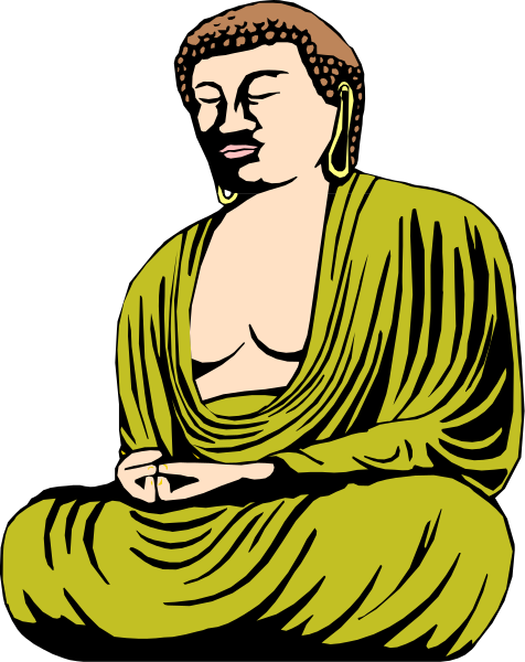The image shows a black and white illustration of Buddha sitting on his meditation cushion with hands clasped together in front of him.