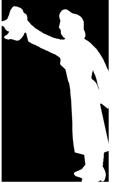 The black and white silhouette of a person holding an object above their head while standing on what appears to be a platform with two vertical lines in front of them.