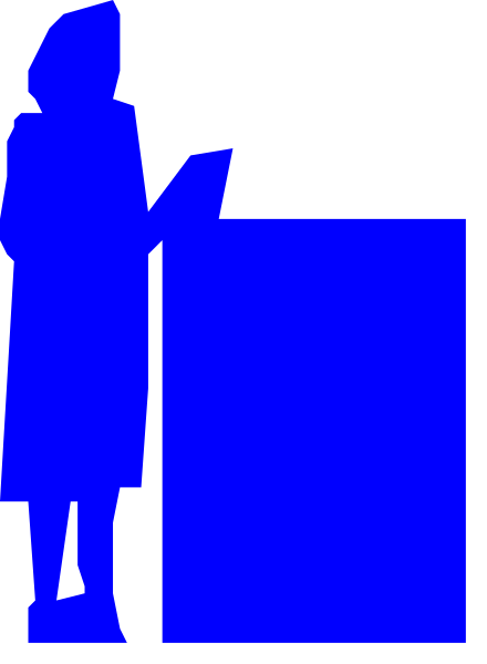 The image shows a blue door with an abstract figure standing next to it on what appears to be a gray background.