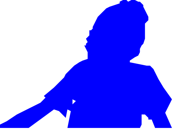 The image shows a pixelated blue silhouette of an individual holding what appears to be a guitar with their right hand against a dark background.