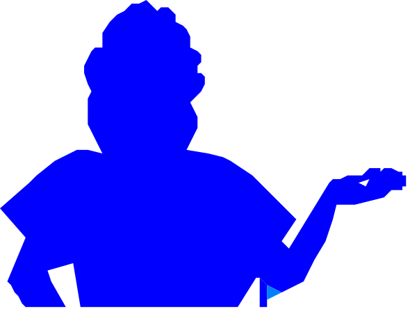 The image shows a pixelated blue silhouette of two figures with their hands raised as if speaking to an audience against a dark background.