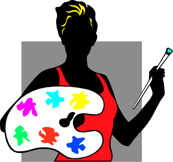 The image shows a cartoon of an artist holding paintbrushes with variously colored bristles next to their head; there is also a palette in front of them filled with different paints.