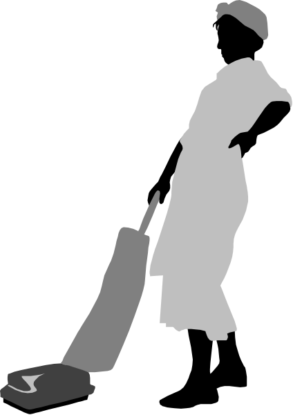 The black and white silhouette of a person vacuuming with an upright cleaner next to them on their right side in front of what appears to be a door frame.