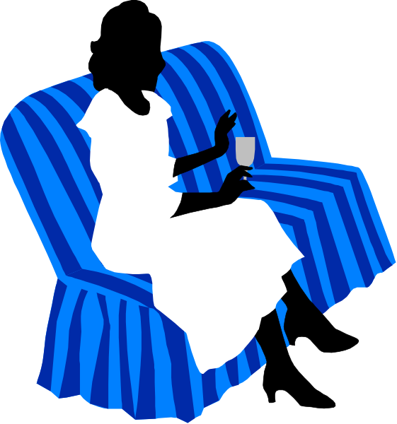 The image shows a cartoon of two different scenes: on top, there is an illustration of a person sitting comfortably in a blue armchair with their feet up; below it, another scene depicts someone lying down and holding what appears to be a glass or cup near them while wearing pajamas.