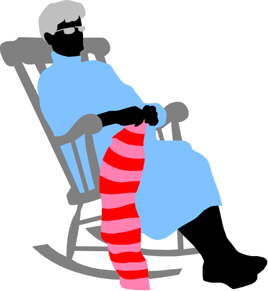 The image shows a cartoon of an elderly person sitting on rocking chair with legs crossed over each other while wearing blue clothing; there is no text present in this clip-art illustration.