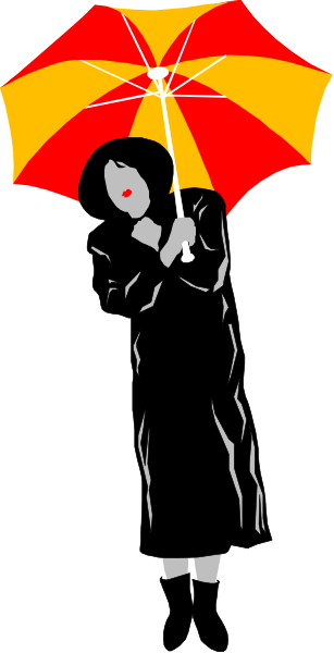 The image shows a black silhouette of an umbrella with red trim holding by its handle against a dark background; to the right is another smaller figure that appears to be standing under it but only their head and shoulders can be seen, also in white coloring.