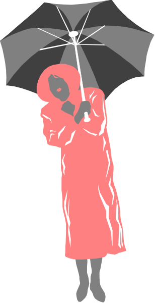 The image shows a person holding an umbrella standing under it while wearing a red raincoat; there is no text present in this clip-art illustration.