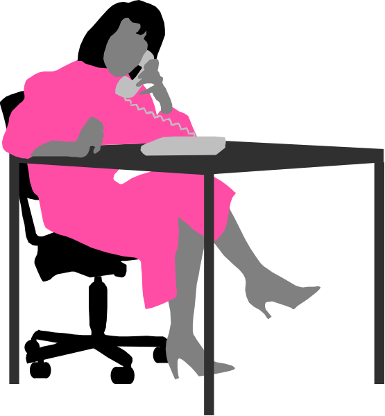 The image shows a black and white illustration of two scenes: on top is an older woman sitting at her desk with pink clothing; below it is another scene where she appears to be standing up in front of the same table, still wearing the same outfit but now holding a phone as if talking or gesturing.