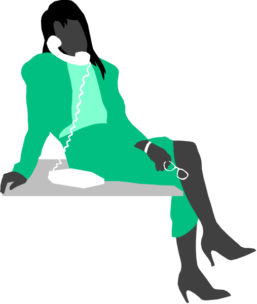 The illustration depicts a woman sitting on an office chair with her legs crossed over each other while holding a telephone to her ear; she is wearing high heels, stockings, and has blonde hair styled in waves that fall around her shoulders.