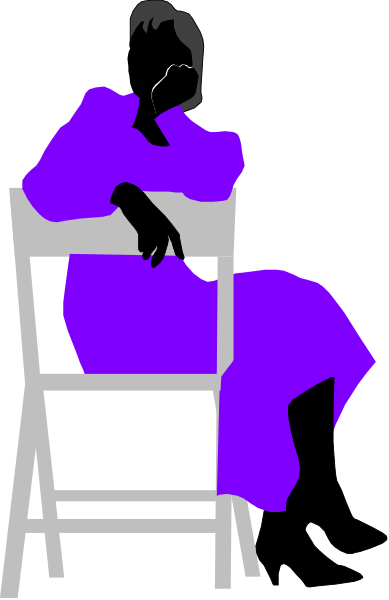 The image shows a black and white illustration of an animated character sitting on a chair with their arms crossed over their chest in front of them.