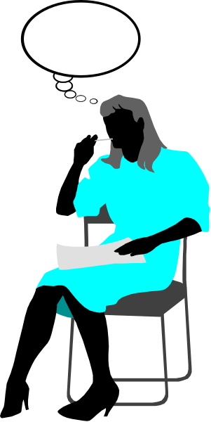 The black and white illustration shows a person sitting on an office chair with their head resting against it as if deep in thought; above them is a speech bubble containing text that reads "I don't know what to do."