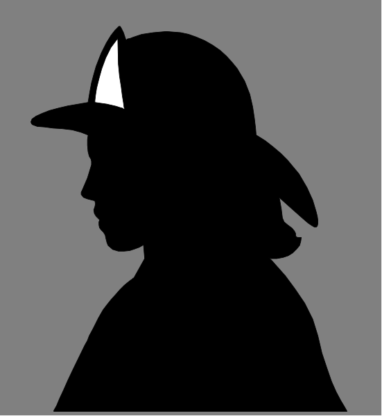 The black and white silhouette of a person wearing a firefighter helmet with an emblem on it standing next to another figure that appears to be looking at them from behind their back.