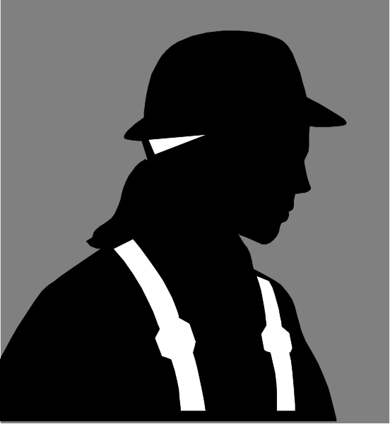 The image shows a black silhouette of two figures: on top left is an adult male wearing suspenders with his back to us; below him in bottom right is another figure that appears smaller due to perspective, also dressed as a detective but facing forward and looking downward towards something off-frame.