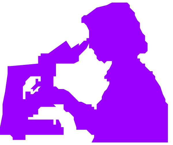 The image shows a purple silhouette of an animal with its head turned to look at something on what appears to be a computer screen in front of it; there is no text present within this small clip-art image, and all details pertain only to objects or actions depicted without any additional context.