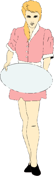The image shows a woman dressed as an ice cream vendor standing next to her cart with two scoops of ice cream on it; she is wearing pink attire including a dress shirt and skirt, along with black shoes.
