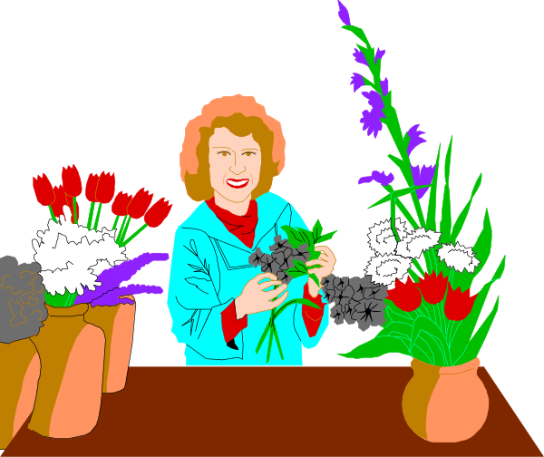 The illustration depicts a woman standing behind three vases filled with flowers on what appears to be a tabletop surface in an indoor environment; she is holding up one of her hands as if presenting something while smiling, and there's another person partially visible at left edge who seems to be observing the scene.