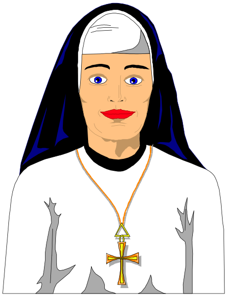 The image shows a cartoon of an elderly nun with white hair wearing religious attire including a habit and rosary beads around her neck; she has blue eyes and is depicted in profile facing left against a black background, giving off a stern expression.