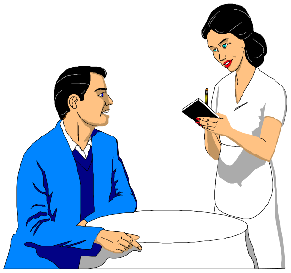 The image shows a man sitting at a table with an attentive woman standing beside him holding out her pen to write something down on his paper menu while he looks up from reading it.