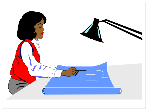 The comic strip shows a woman sitting at an office desk with papers spread out before her; she is looking downward while holding what appears to be blueprints in front of her face.