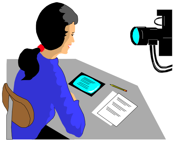 The illustration shows a person sitting at an office desk with papers on it, looking towards another individual who is standing behind them in front of what appears to be a camera projector screen displaying text that reads "1984".