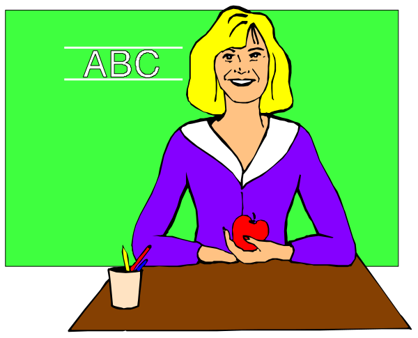 The image shows a cartoon of an animated woman sitting at a desk with her hands on it; she is wearing glasses and has blonde hair tied back in a ponytail. In front of her sits what appears to be a glass jar, possibly containing something red or orange due to the coloring used for this part of the image. The background features an apple placed near the woman's right hand on the desk; there is also text that reads "ABC" in white letters at the top left corner and another piece of fruit resembling a banana located above her head,