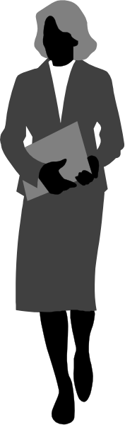 The image shows a black silhouette of an adult woman standing against a light background with her back to us; she is holding what appears to be papers in both hands at waist level while looking downward towards them, and there's no visible text on or around this figure.