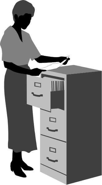The black and white silhouette of a person sitting at an office desk with their back to us; we can see that there is paper on top of it but no other details about them or surroundings provided in this image.