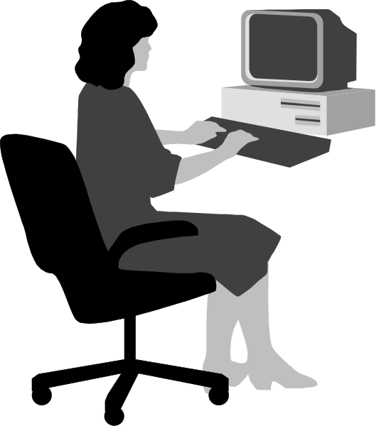 The black and white silhouette of a person sitting at an office desk with their hands on top of it while using a computer mouse in front of them.