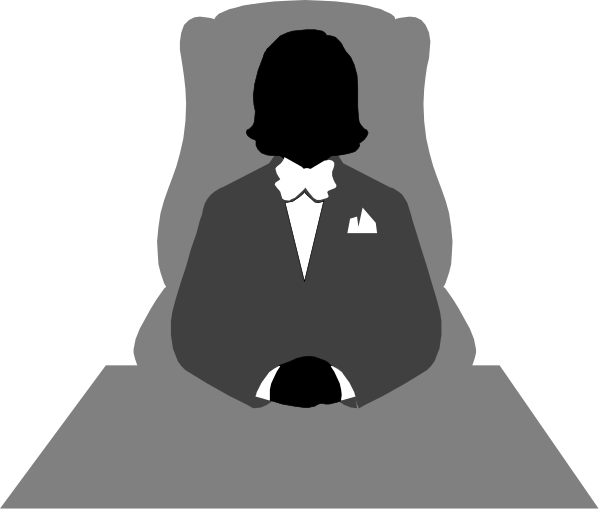 The image shows a black and white silhouette of two men sitting on chairs with their backs to each other; both appear formal in suits and ties.