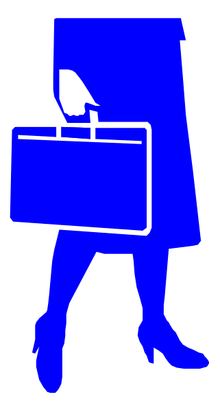 The image shows a blue silhouette of an adult woman walking with her head down against a black background on what appears to be a digital display screen.